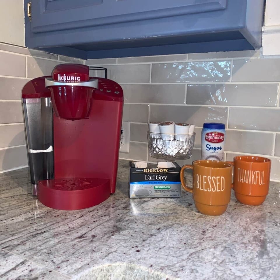 Coffee/ Tea station comes with sweeteners and creamers.  