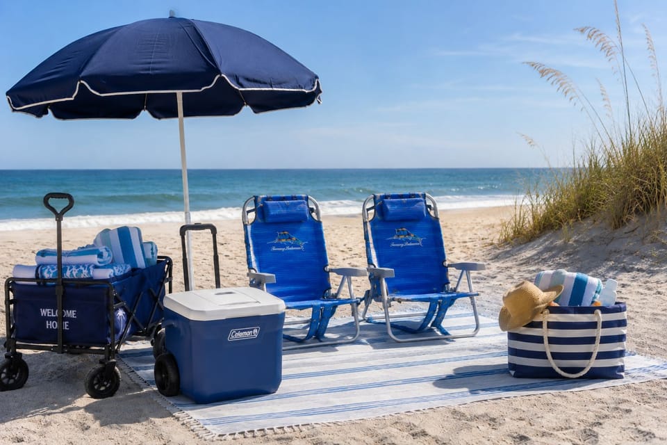 We provide beach chairs, an umbrella, wagon, wheeled cooler, beach blanket, and towels for your days by the ocean.