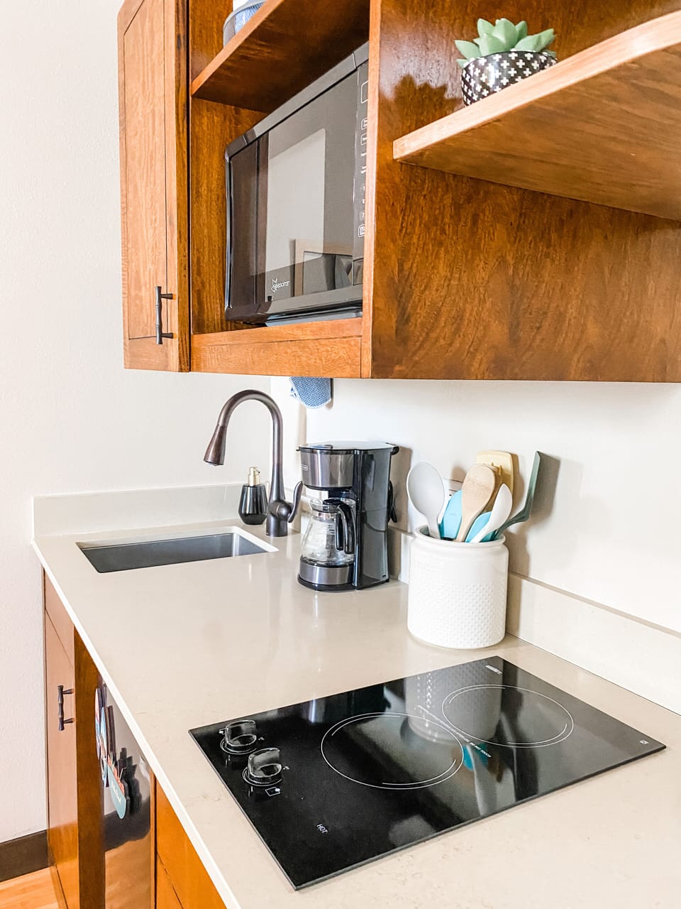 Coffee pot, two burner stove-top, toaster and microwave