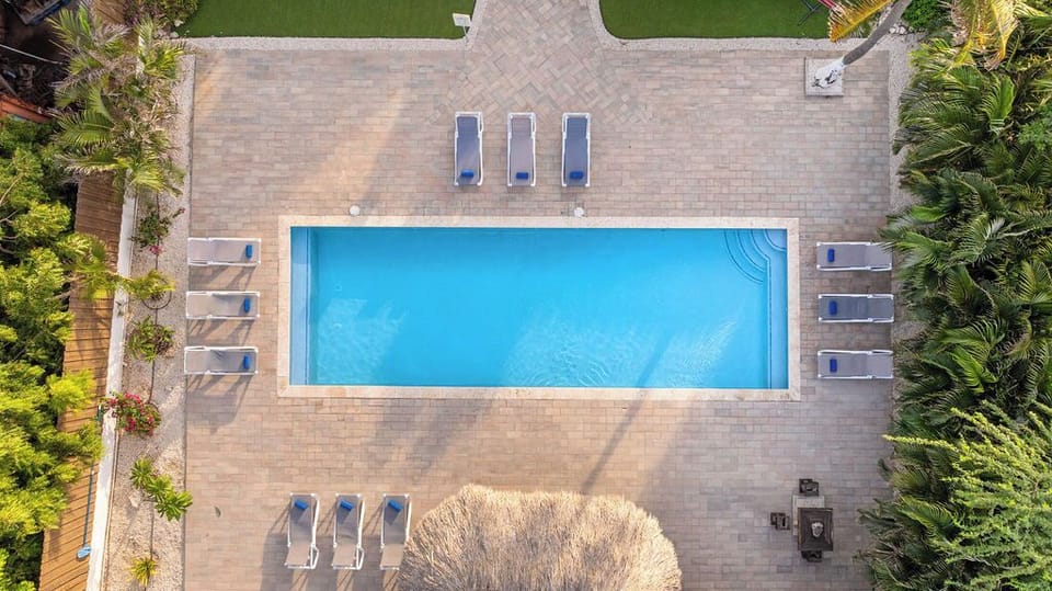 Escape to paradise in our pool area oasis, featuring a spacious pool, cozy hammock, inviting lounge chairs, al fresco dining, convenient bathroom, and charming poolside seating. Your ultimate retreat awaits at the back of the property
