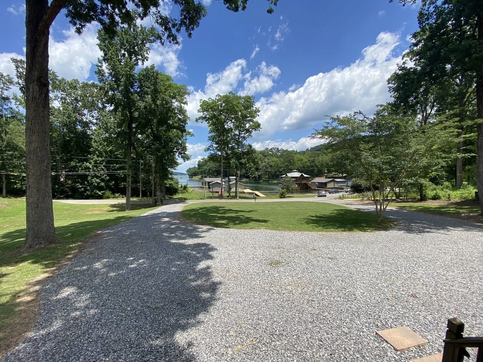 View from the covered front porch - gently sloping lot 