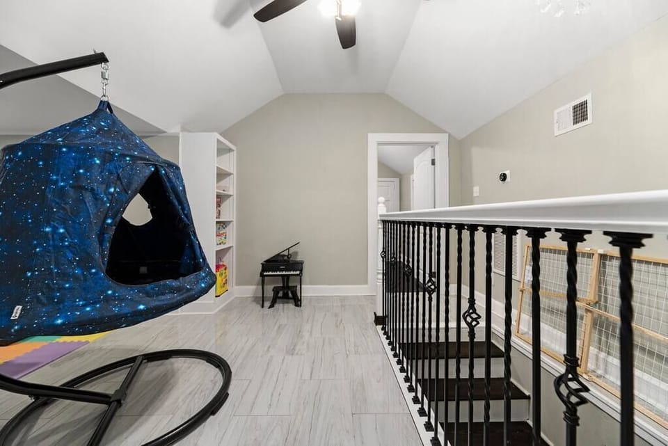 "Hanging Chair" and miniature kids piano! Baby gate for top of stairs and bottom stairs.