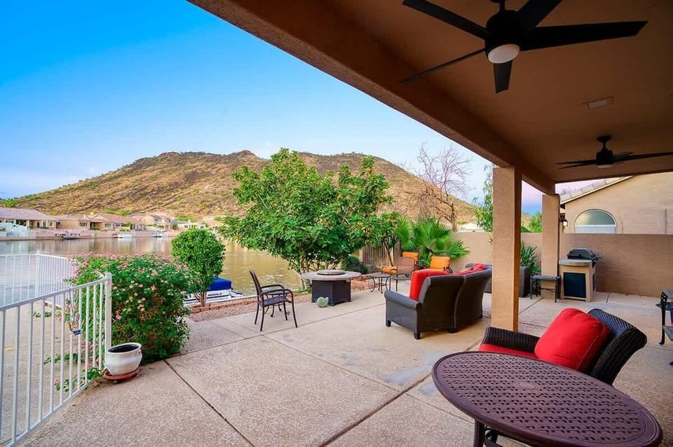 Shaded patio perfect for Arizona evenings with a breathtaking mountain backdrop.