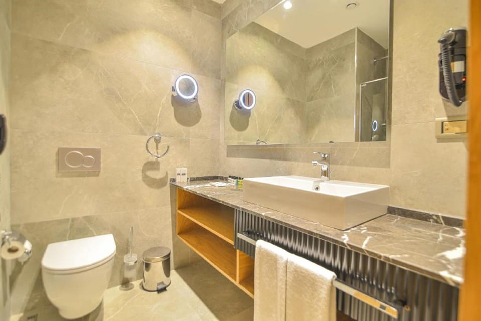 Shower, rainfall showerhead, free toiletries, hair dryer