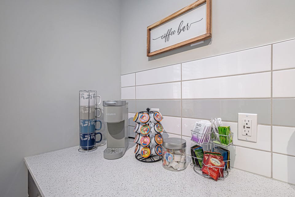 The coffee & Tea station includes complimentary coffee, tea, creamer, and sugar.