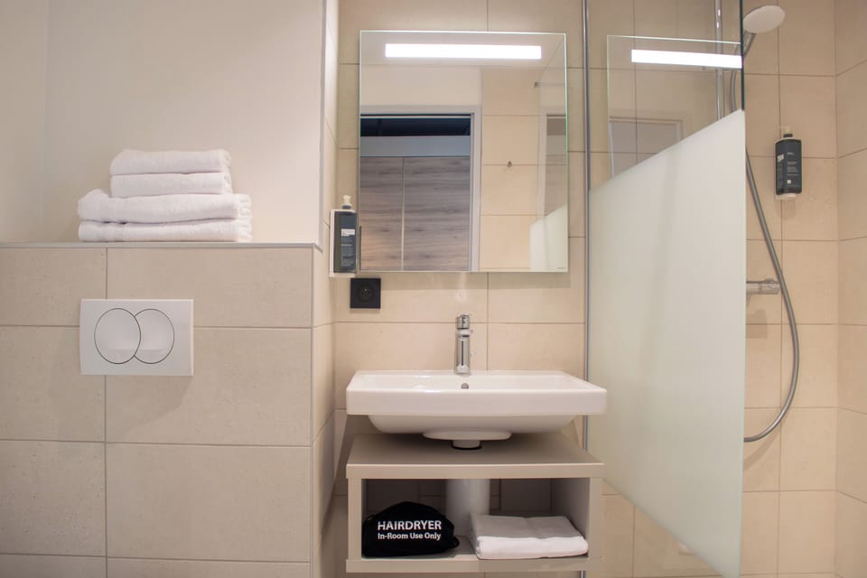 Shower, hair dryer, towels