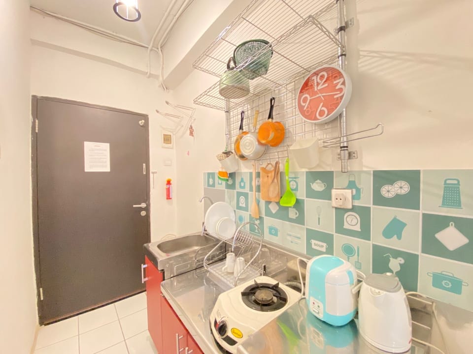 Fridge, stovetop, cookware/dishes/utensils