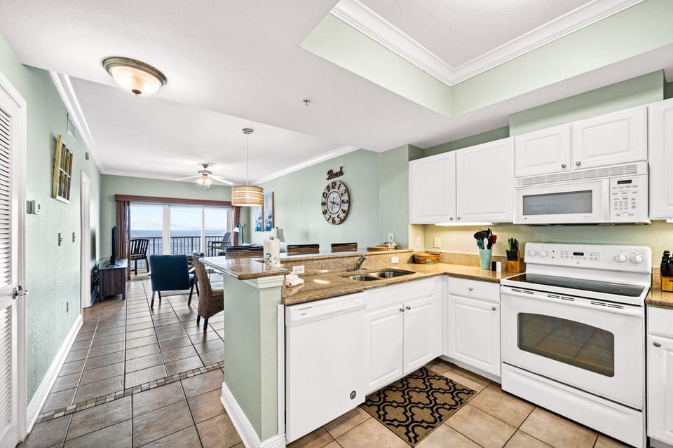 Open layout with the kitchen opening up into the living room