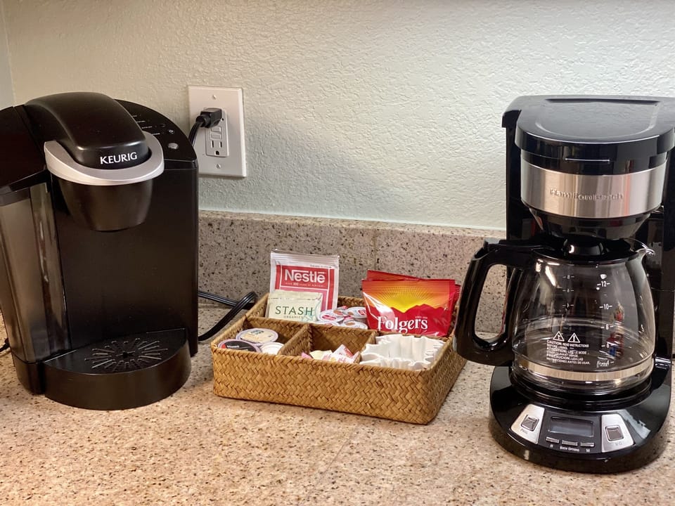 Keurig and Drip Coffee Maker with starter coffee supplies