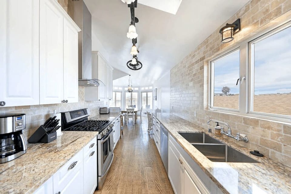 Kitchen is stocked with dishes, cooking, baking and meal prep gear. All standard large and small appliances included. See listing description for more details.
                