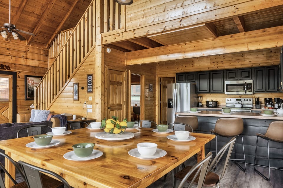 Open kitchen and dining area. 