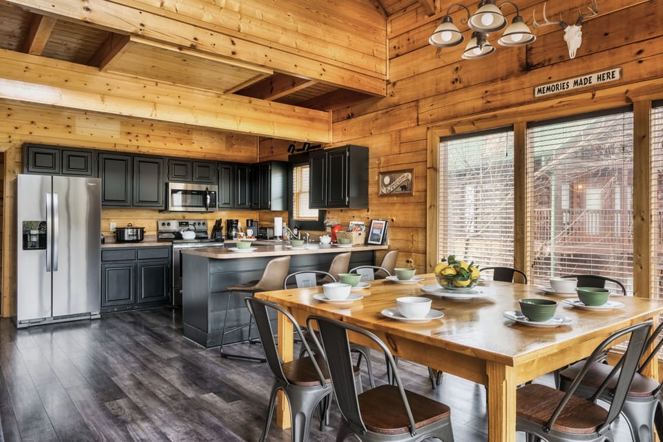 Open kitchen and dining area. 