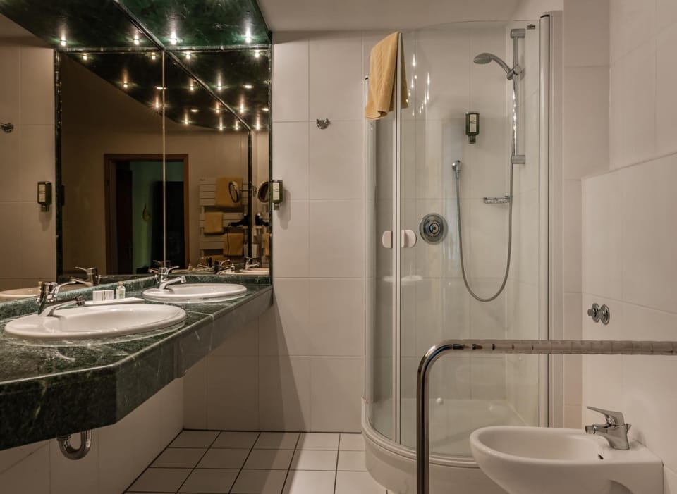 Shower, hair dryer, bathrobes, towels