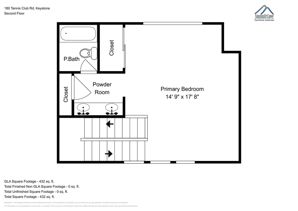 Clear floor plan showing the second floor layout with primary bedroom, private bath, and powder room arrangement.