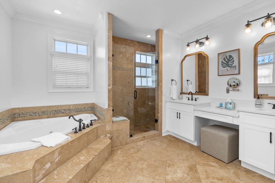 Master bath with dual vanity, walk in shower. Jacuzzi tub is not operational.