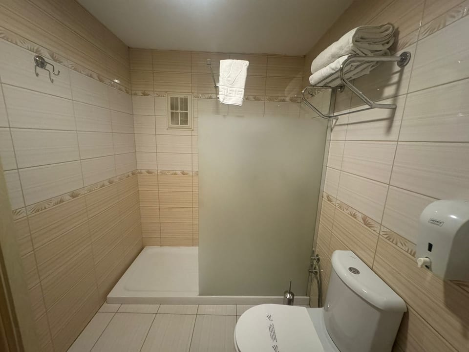 Hair dryer, slippers, towels, soap