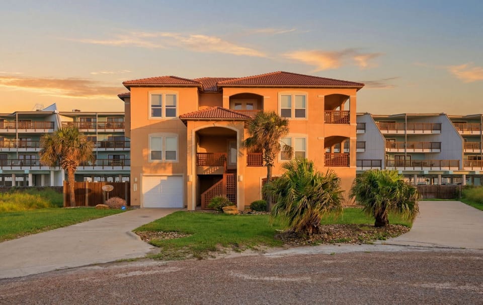 Golden Hour — Front of Home at Sunset with Palm Trees