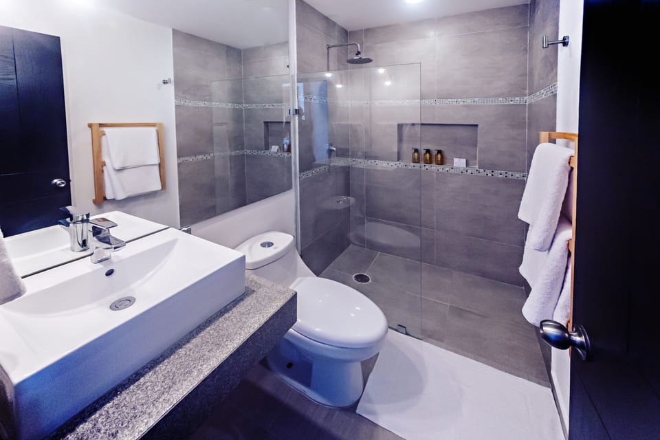 Shower, rainfall showerhead, hair dryer, towels