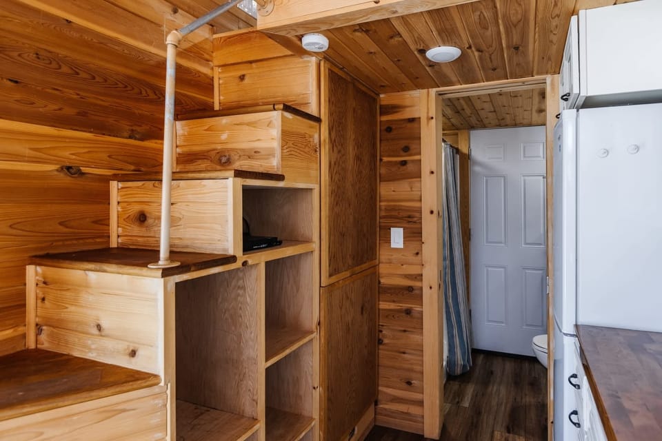 Guests will find thoughtfully designed storage in the tiny home, including built-in shelves.