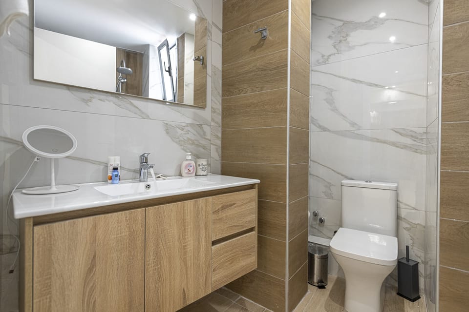 Shower, hydromassage showerhead, free toiletries, hair dryer