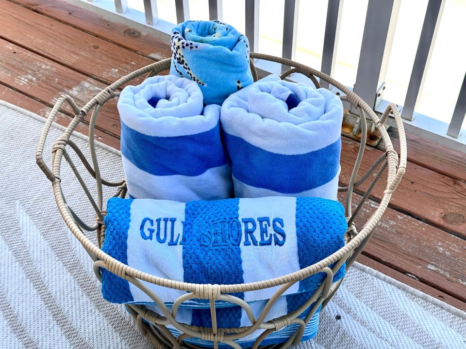 Enjoy the gorgeous Gulf Shores beach without packing bulky towels! Our comfortable coastal retreat comes fully equipped with plush beach towels for your convenience.