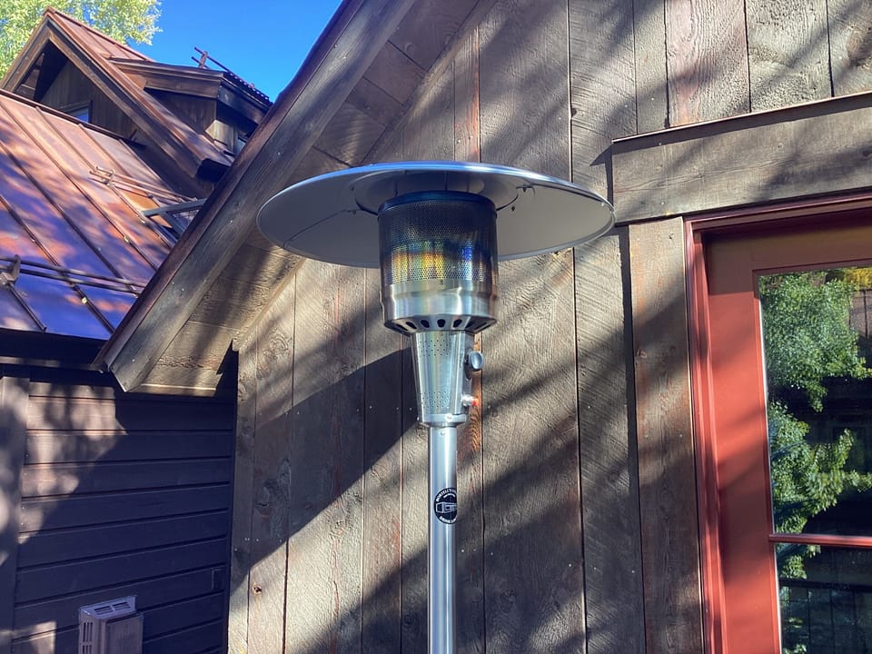 Restaurant grade outdoor propane heater on the deck.