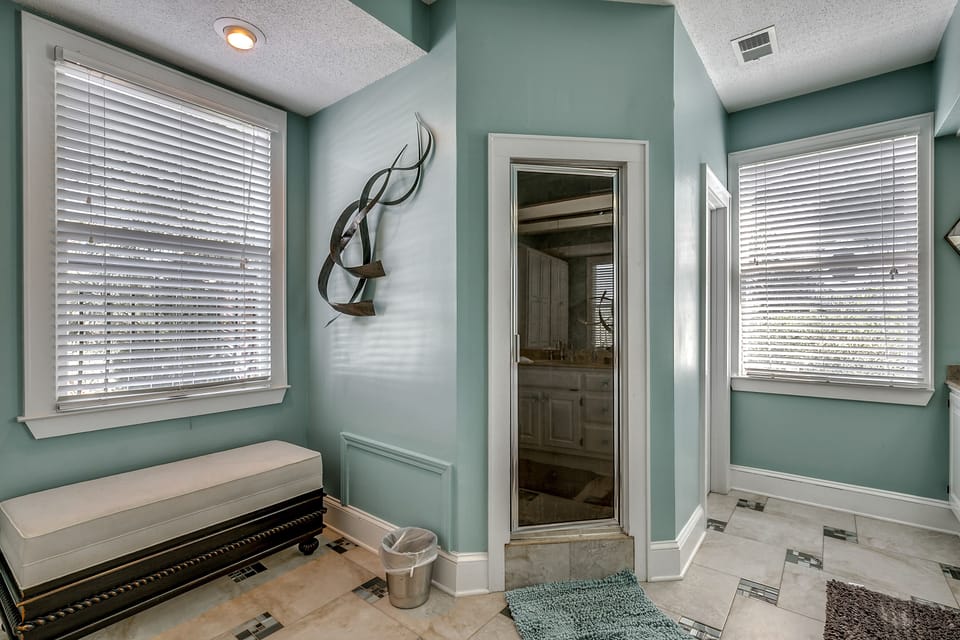 Walk-in steam shower—perfect after beach days