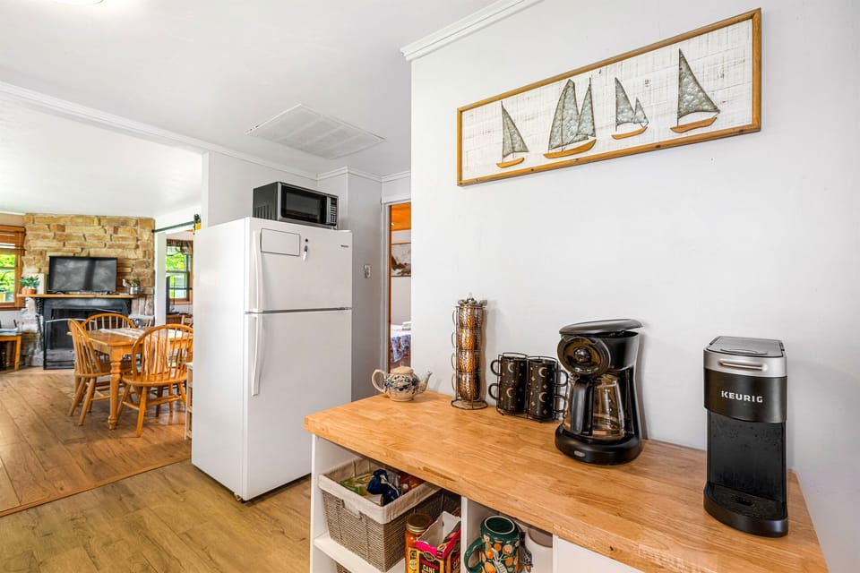 Coffee bar with Keurig and drip coffee maker — stocked with coffee and tea for your stay