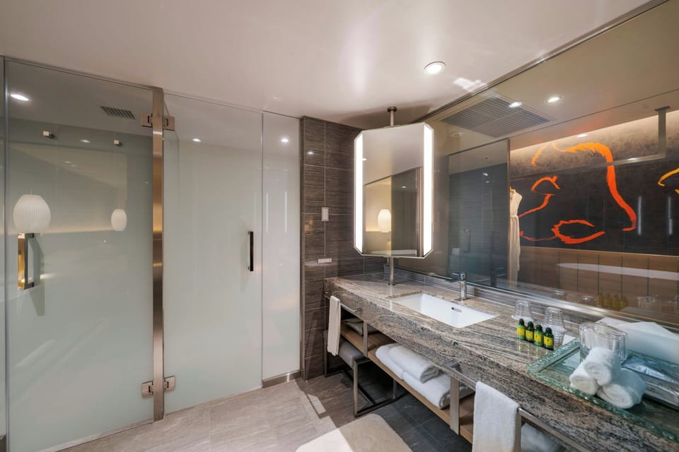 Combined shower/tub, free toiletries, hair dryer, bidet