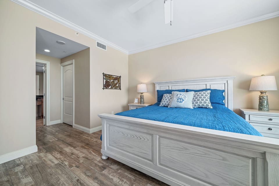 Top-notch quality furnishings in Master Bedroom, with connected private bathroom