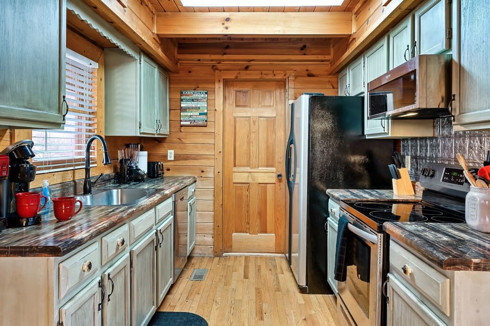 Galley-style kitchen with ample counter space.