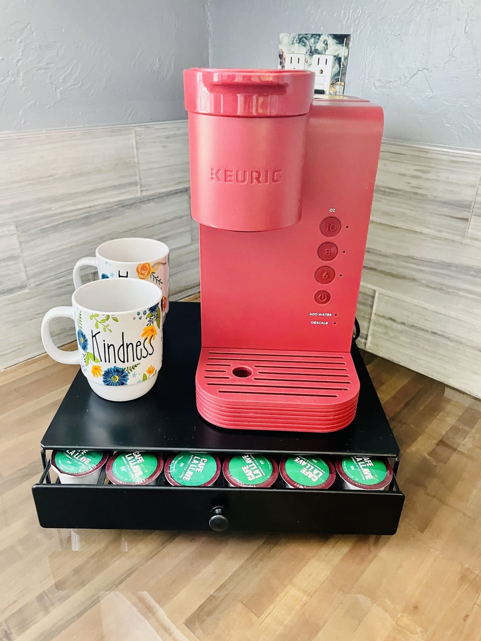 Fully stocked Keurig for your morning, daytime and evening coffee:)