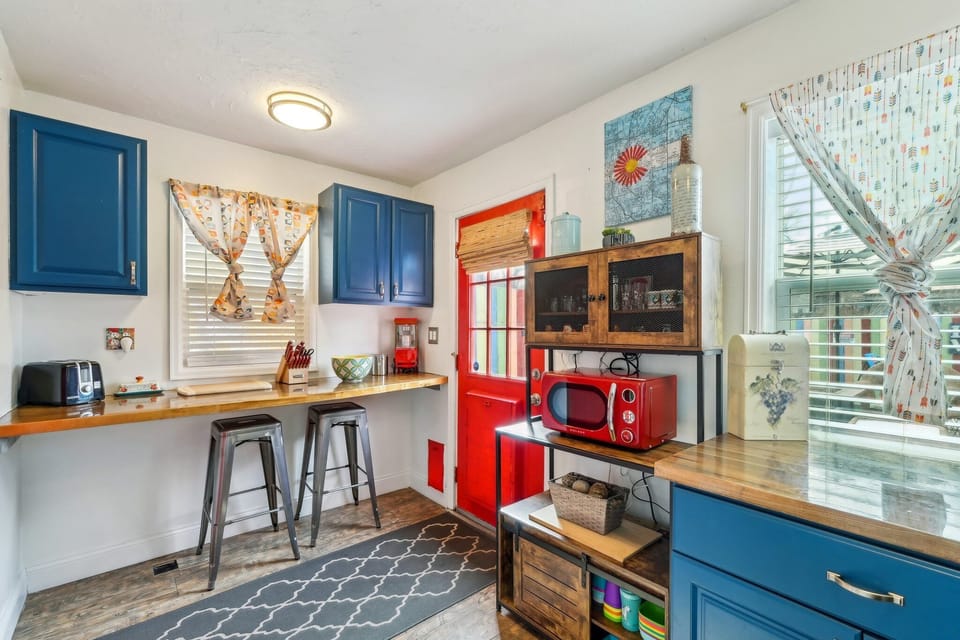 The retro kitchen has all the essentials to cook meals at home 