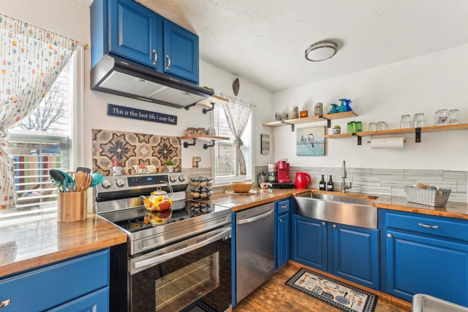 Cook meals at home in the fully stocked kitchen.