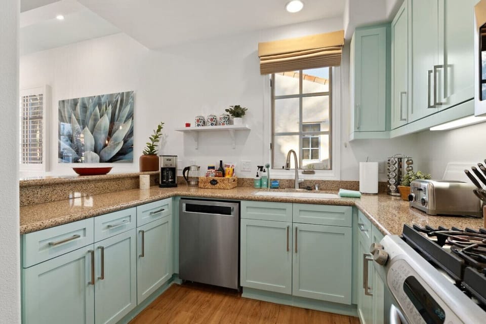 Our kitchen comes fully stocked to make cooking while on vacation fun! We have a drip coffee maker + Keurig, coffee grinder & frother, electric kettle, 4 slice toaster, citrus juicer, blender, mixer, rice cooker, baking utensils, crockpot and more!