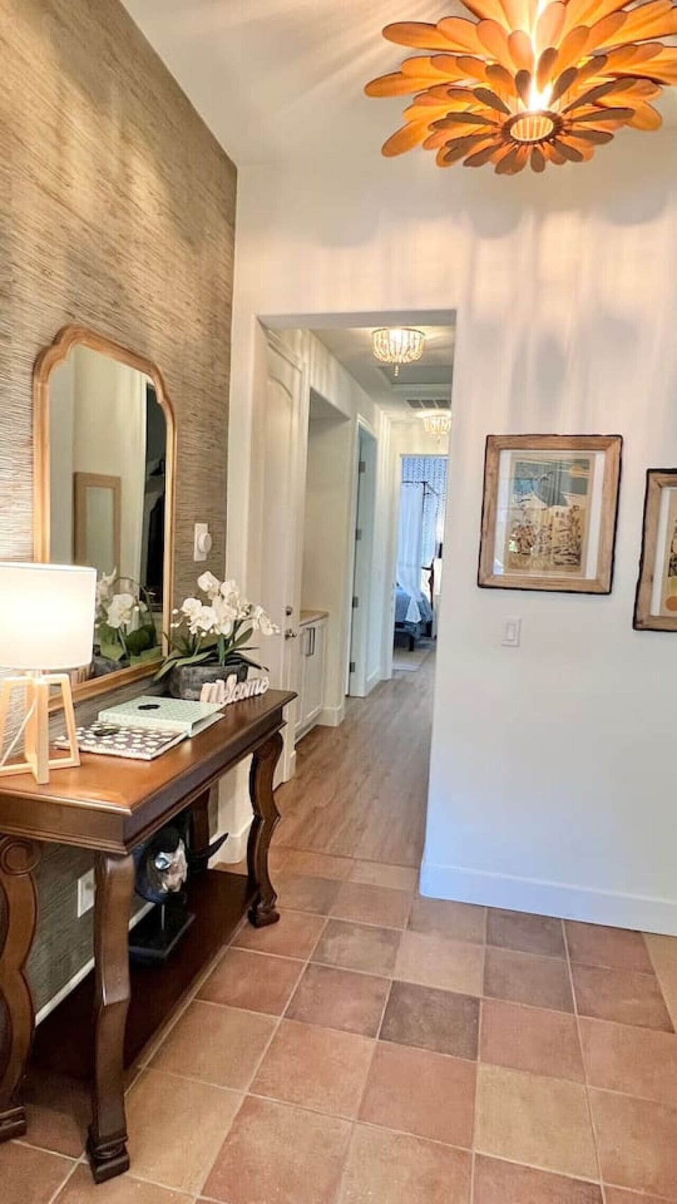 From the entry take, a hallway leads down to the 2 bedrooms and bathrooms.Check out our fabulous lamp - an import from Vietnam...