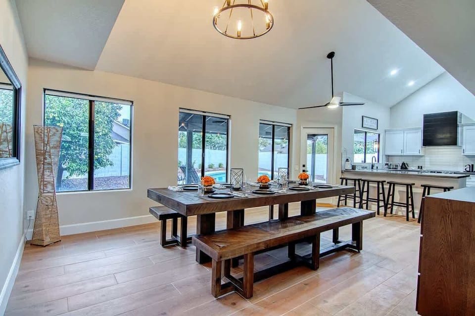 View of the dining area, kitchen and outside