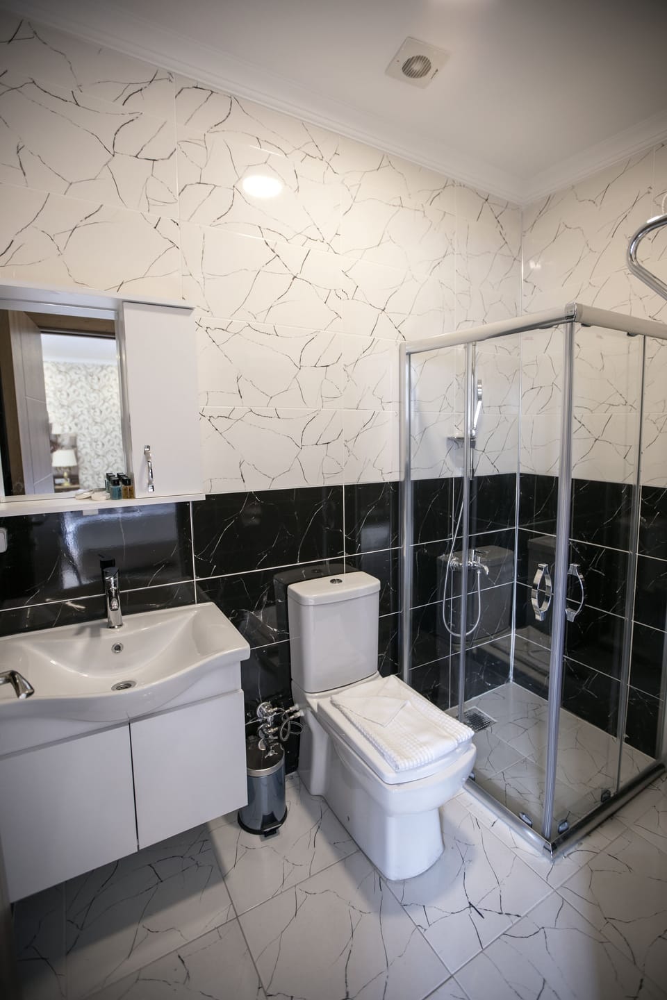Shower, rainfall showerhead, hair dryer, bathrobes