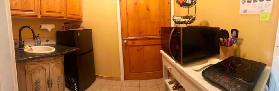 Kitchenette with fridge, convection microwave and induction hot plate