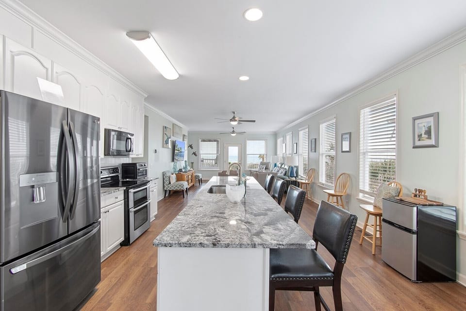 Kitchen fridge and island