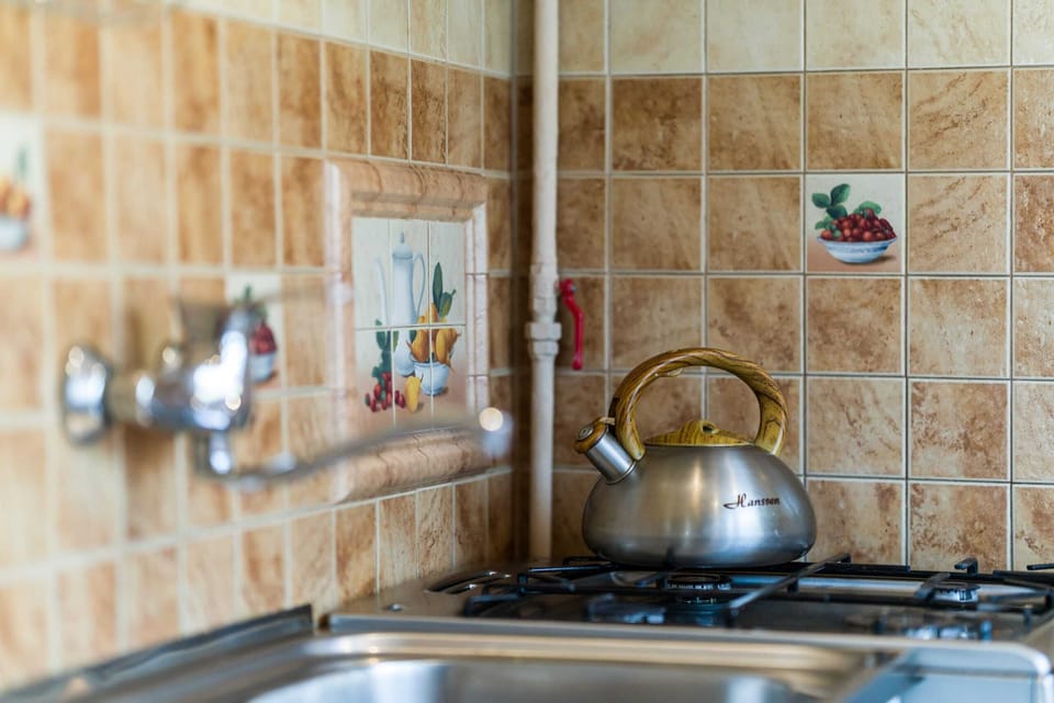The kitchen equipped with a gas hob and kettle.