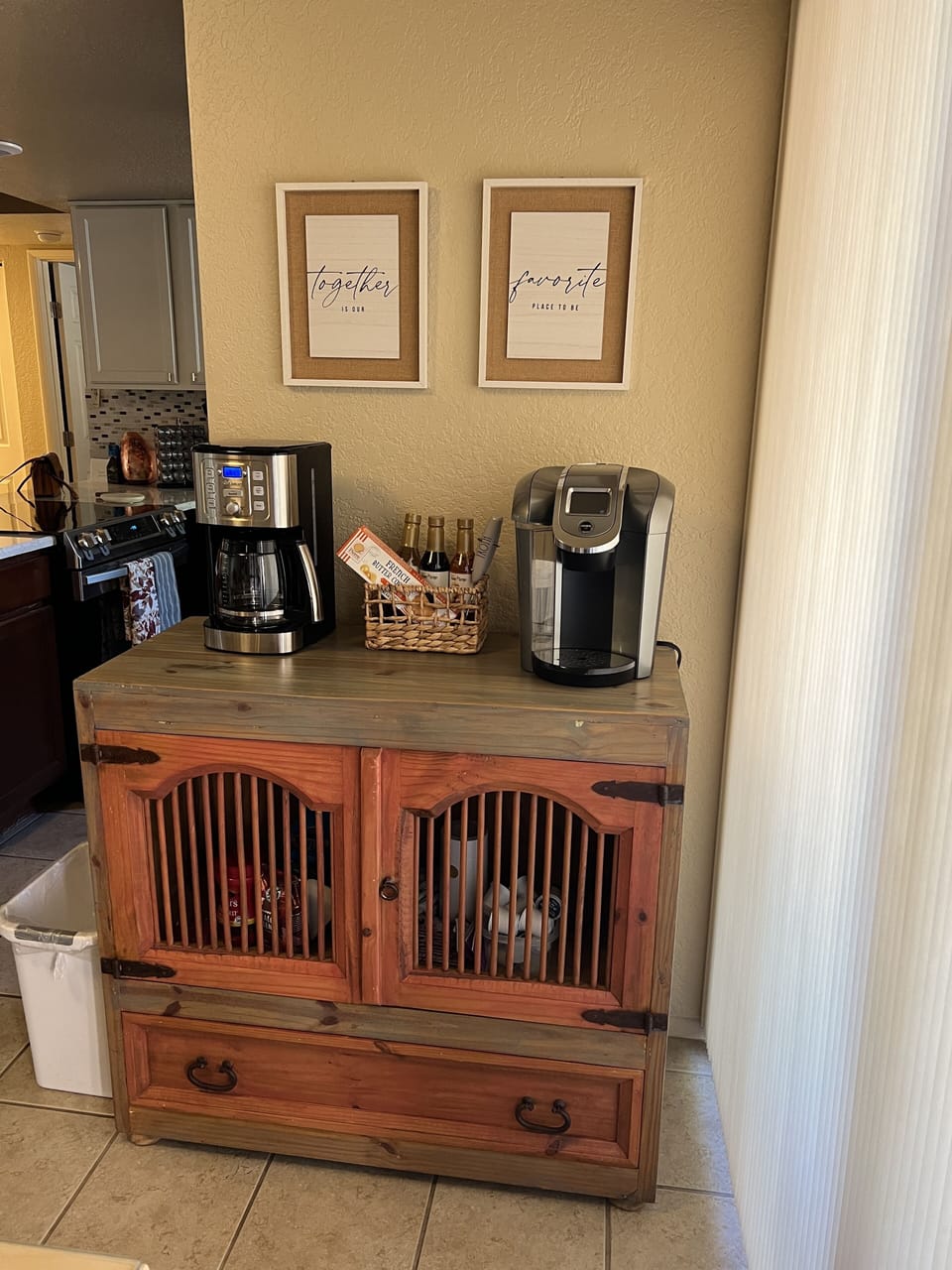 Coffee bar w Keurig, Cuisinart drip, frother, electric kettle, syrups, and more
