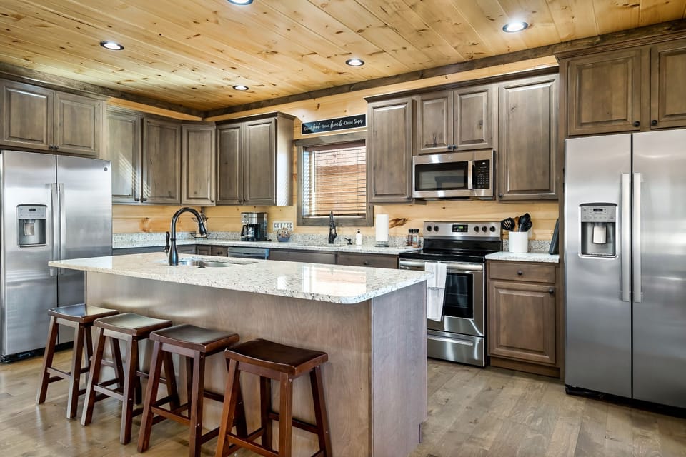 Well stocked kitchen with everything you need for large groups.  Including 2 refrigerators, 2 dishwashers, instapot, crockpots, stainless steel and non-stick cookware, all the utensils needed for home.