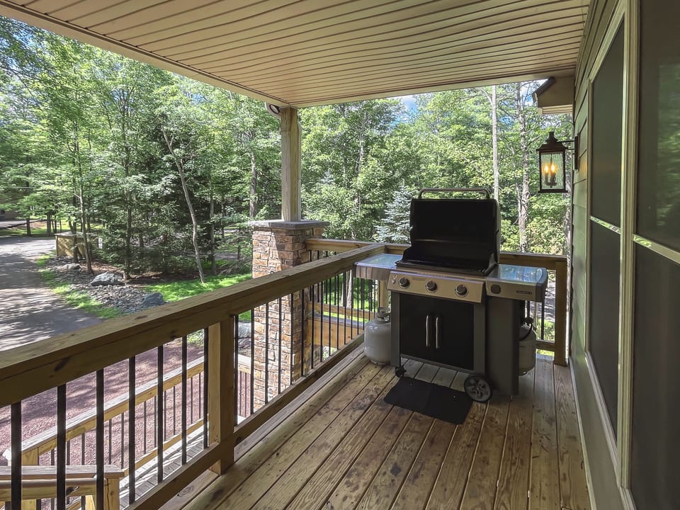Outdoor Weber Genesis barbeque grille on raised deck
