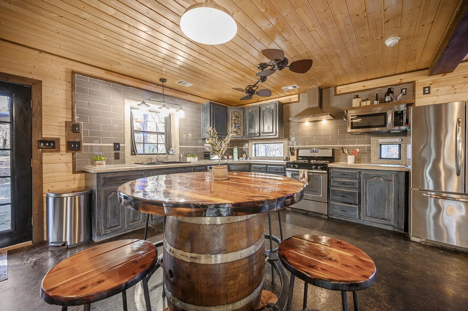 A kitchen that has all the comforts of home but with a quirky cabin feel