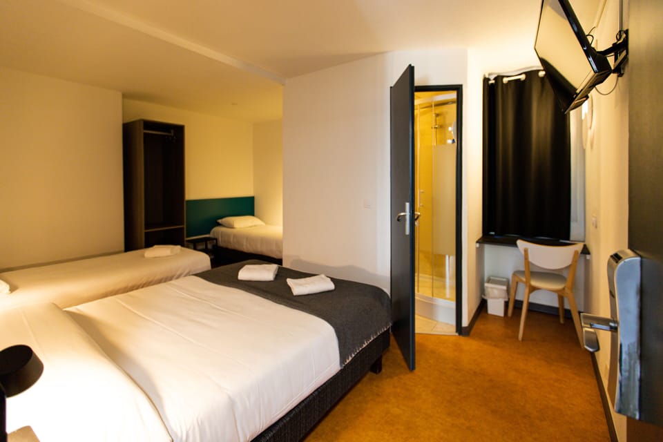 Family Room | Down comforters, desk, blackout drapes, soundproofing