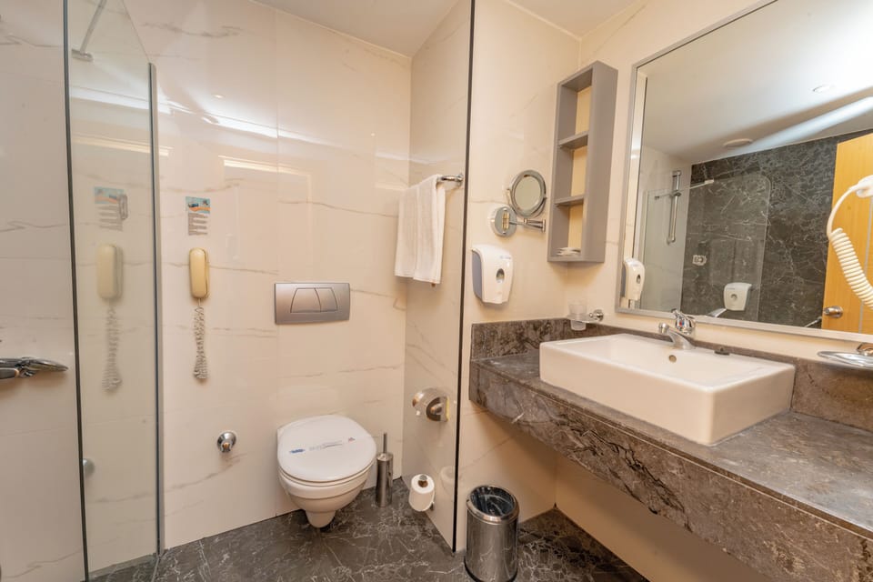 Shower, free toiletries, hair dryer, bathrobes