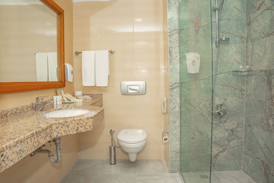 Combined shower/tub, free toiletries, hair dryer, bathrobes
