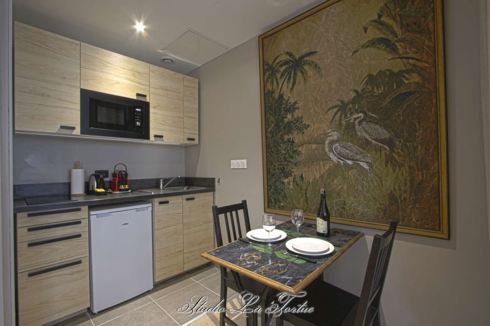 Studio La Tortue - Kitchen (Induction stove, Microwave, Fridge, Sink, Storage, Toaster, Nespresso, Kettle &amp; Tea pot, Plates, Bowls, Cups, Cuttlery, Pots &amp; pans, various utensils)