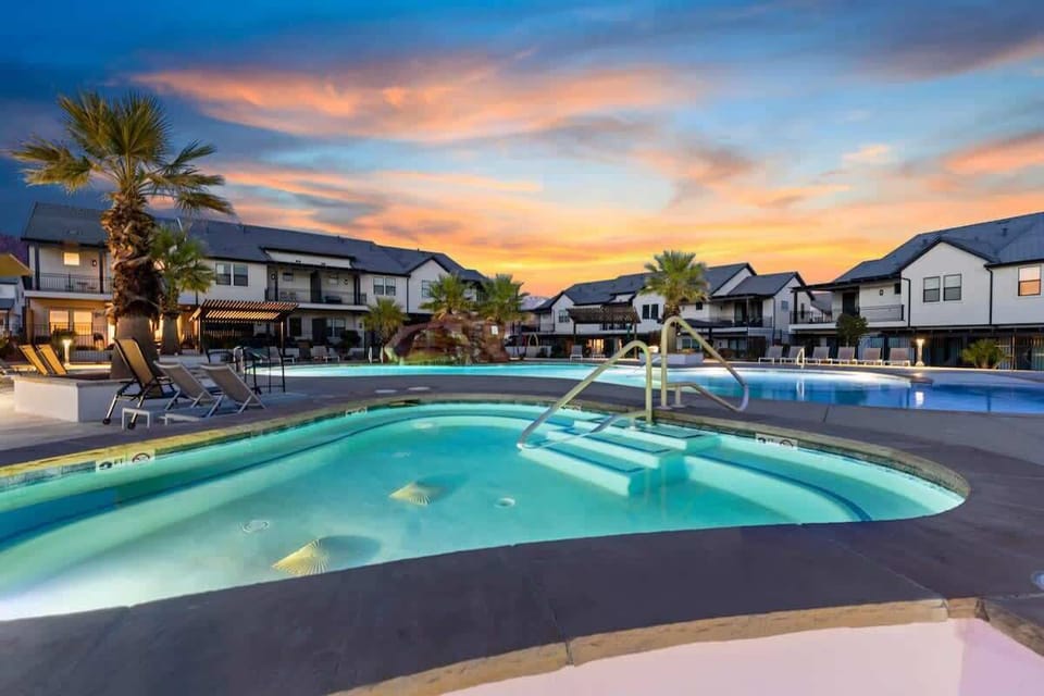 Golden hour near Community hot tub and pool